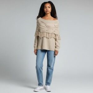 Soft Surroundings Sweater Womens‎ Medium Chelsea Beige Cowl Tasseled Cable Knit
